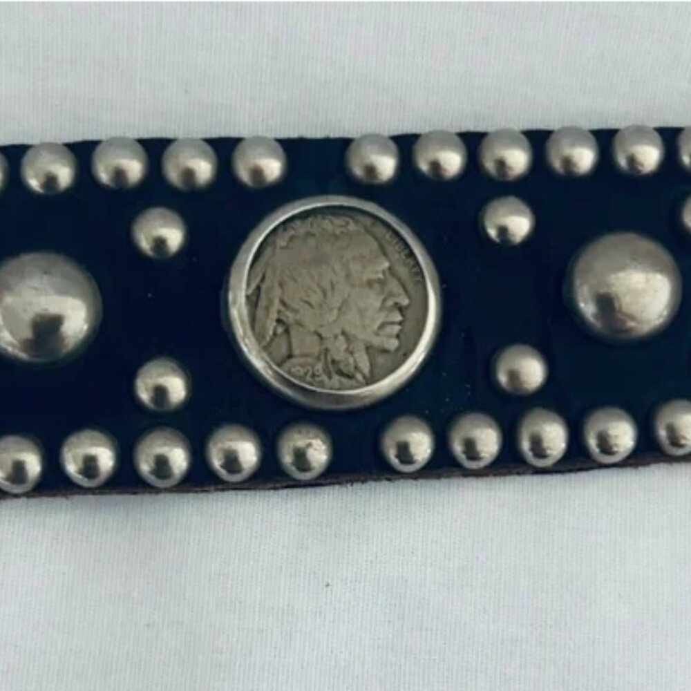Mens Studded Black Leather Belt with Indian Head Conchos